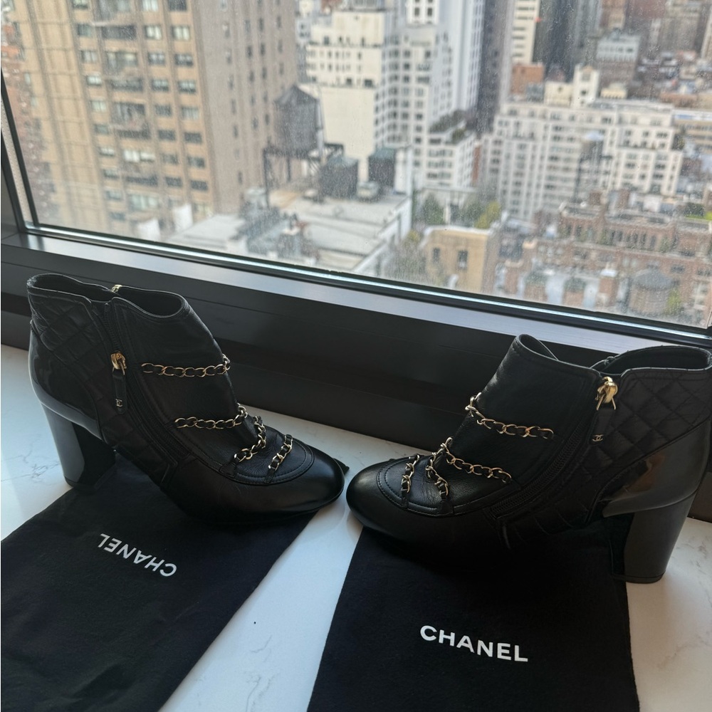 Chanel Black Chain-Embellished and Quilted Leather Boots, size 39